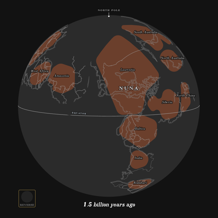 Country borders overlaid on fragmented continents, showing the configuration of Earth’s landmasses 1.5 billion years ago