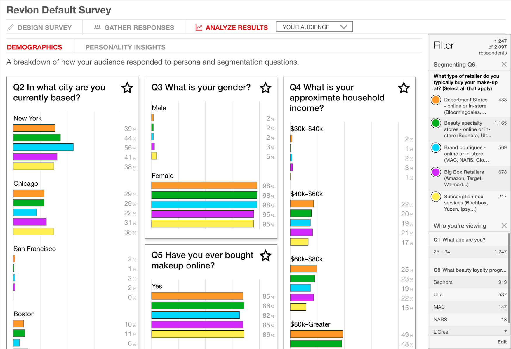 UI containing grouped bar charts of different survey questions, and a panel for controlling the segmentation