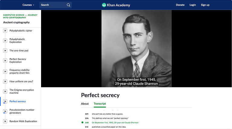 Khan Academy puts the transcript in a smaller frame below the video